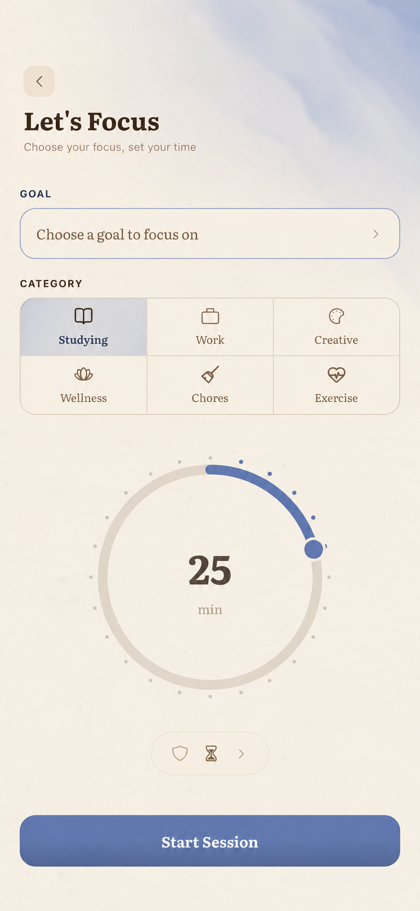 Kinyava focus timer set to 25 minutes